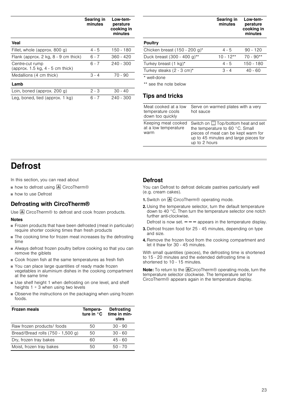 Tips and tricks, Defrost, Defrosting with circotherm | Notes, Switch on 3 circotherm® operating mode, Note, Defrost defrosting with circotherm® defrost | Neff U15E52N3GB User Manual | Page 23 / 32