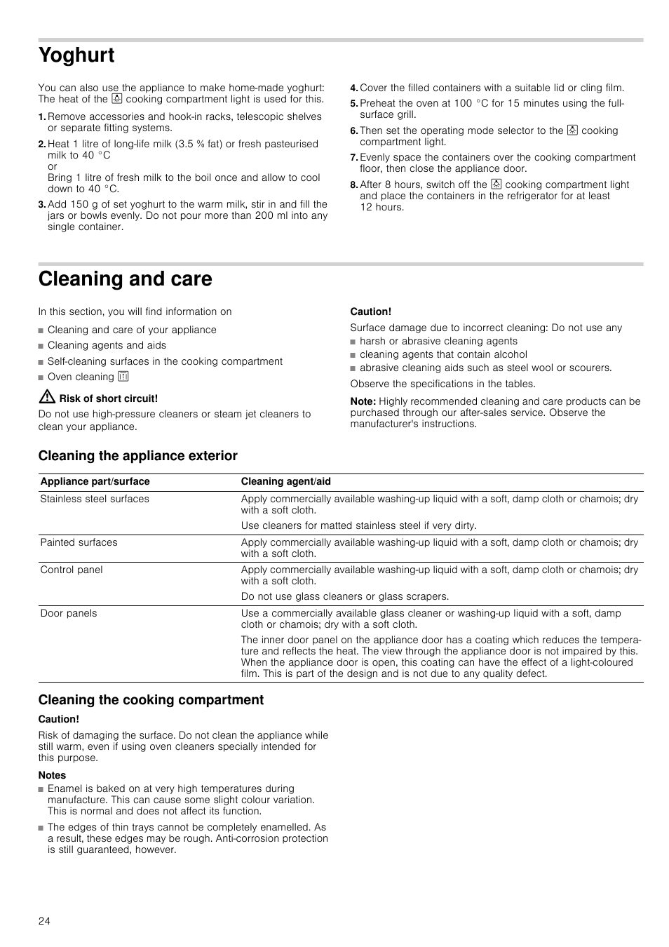 Yoghurt, Cleaning and care, Risk of short circuit | Caution, Surface damage due to incorrect cleaning, Note, Cleaning the appliance exterior, Cleaning the cooking compartment, Notes | Neff U15E52N3GB User Manual | Page 24 / 32