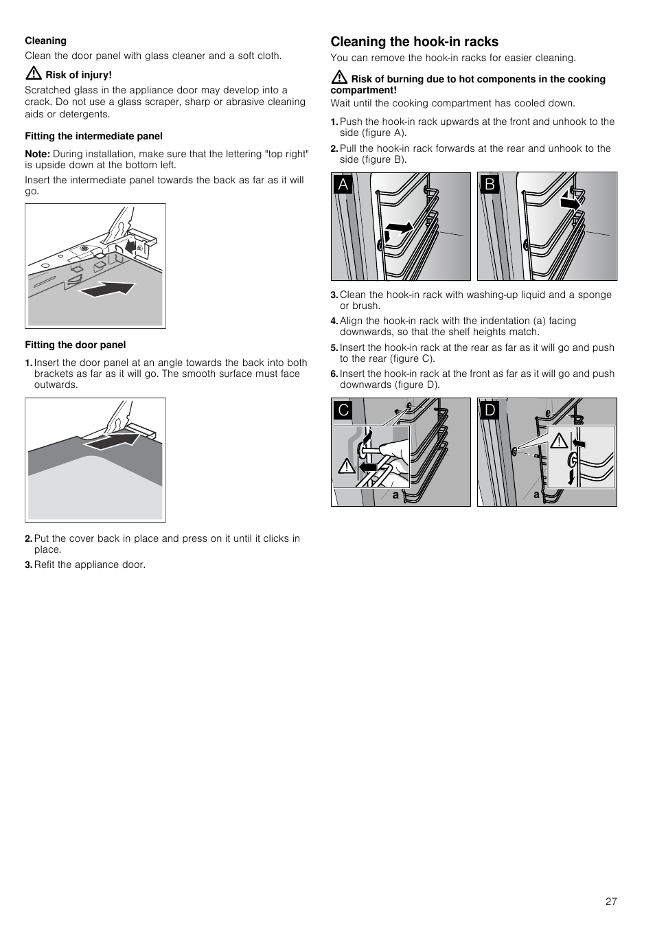 Cleaning, Risk of injury, Fitting the intermediate panel | Note, Fitting the door panel, Refit the appliance door, Cleaning the hook-in racks | Neff U15E52N3GB User Manual | Page 27 / 32