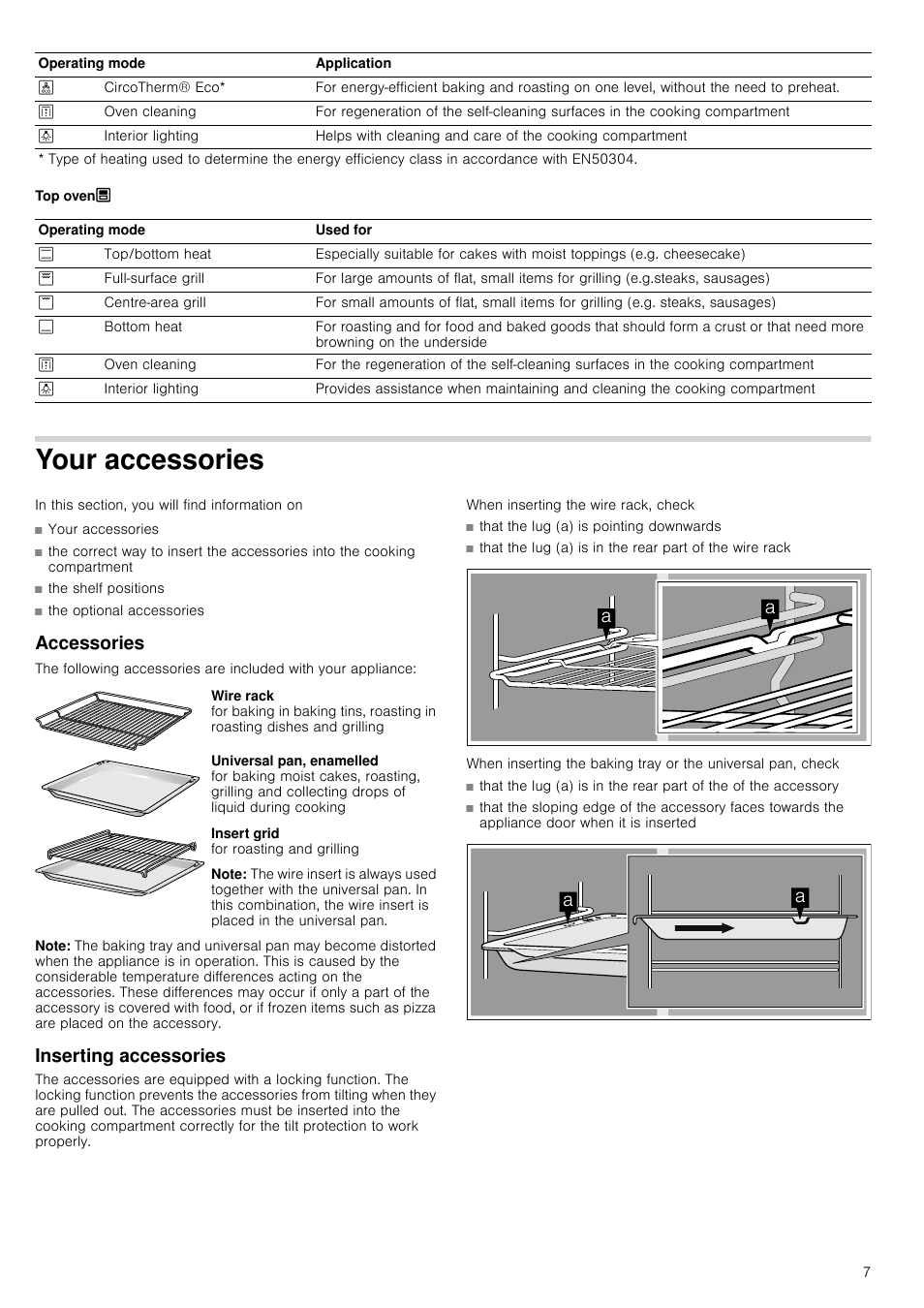 Top ovenô, Your accessories, Accessories | Note, Inserting accessories | Neff U15E52N3GB User Manual | Page 7 / 32