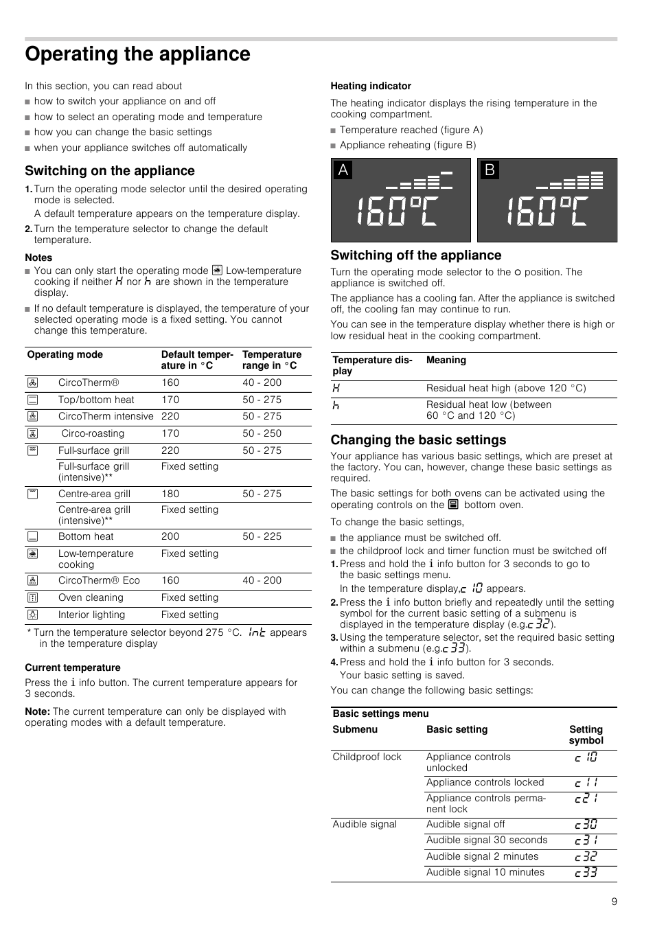 Operating the appliance, Switching on the appliance, Notes | Current temperature, Note, Heating indicator, Switching off the appliance, Changing the basic settings, Press and hold the ± info button for 3 seconds, Ating the appliance | Neff U15E52N3GB User Manual | Page 9 / 32