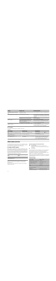 Press the °±² button, Press and hold the o button for 3 seconds, Error messages | After-sales service, E number and fd number, To book an engineer visit and product advice, Technical data | Neff C54L70N3GB User Manual | Page 12 / 20