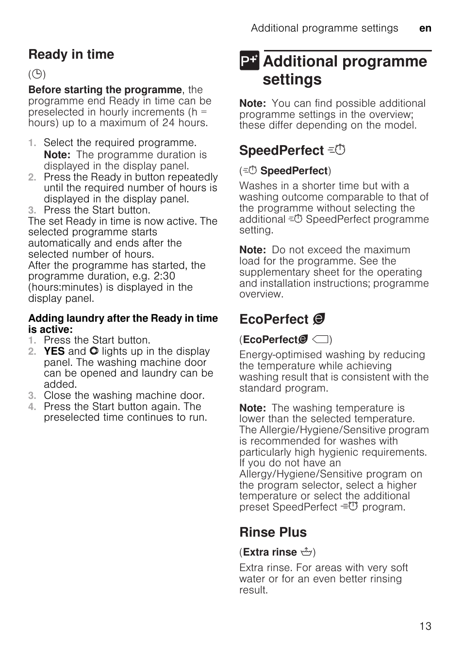 Ready in time, Select the required programme, Note | Press the start button, Close the washing machine door, Additional programme settings, Speedperfect, Ecoperfect à, Rinse plus | Neff W7460X1GB User Manual | Page 13 / 36