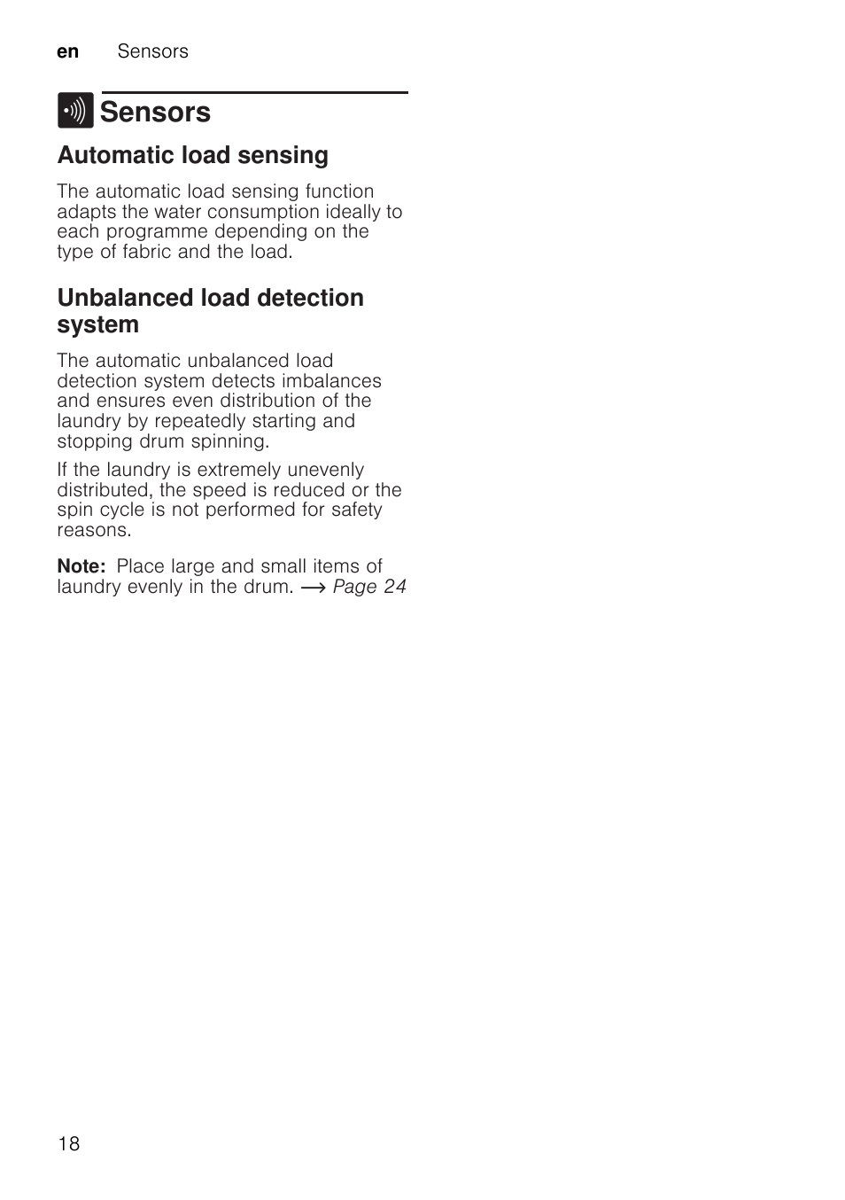 H sensors, Sensors, Automatic load sensing | Unbalanced load detection system, Note | Neff W7460X1GB User Manual | Page 18 / 36