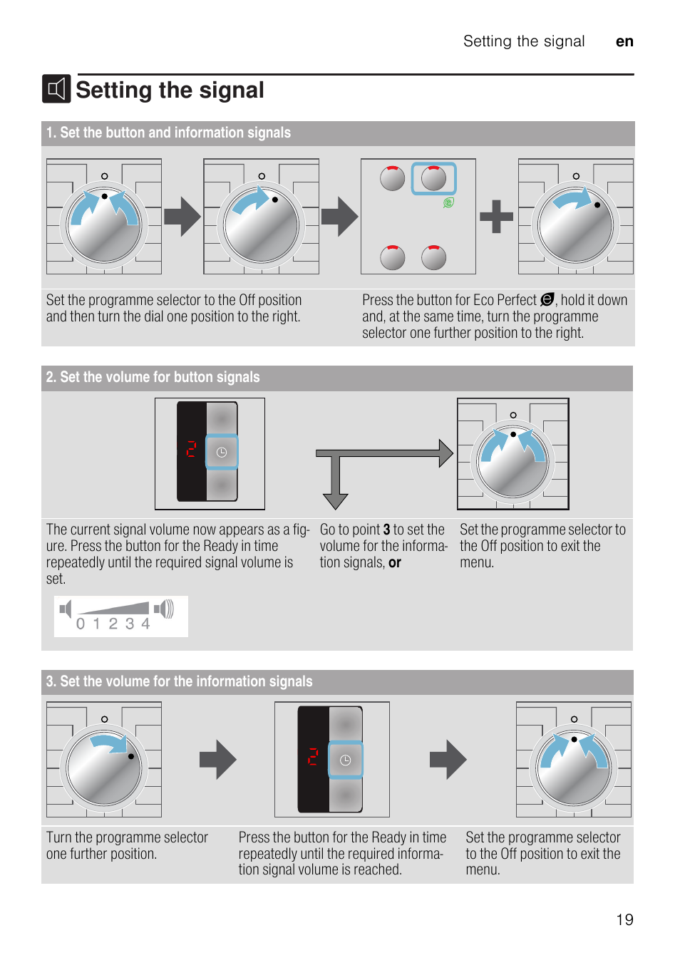 M setting the signal, Setting the signal, Set the button and information signals | Set the volume for button signals, Set the volume for the information signals | Neff W7460X1GB User Manual | Page 19 / 36