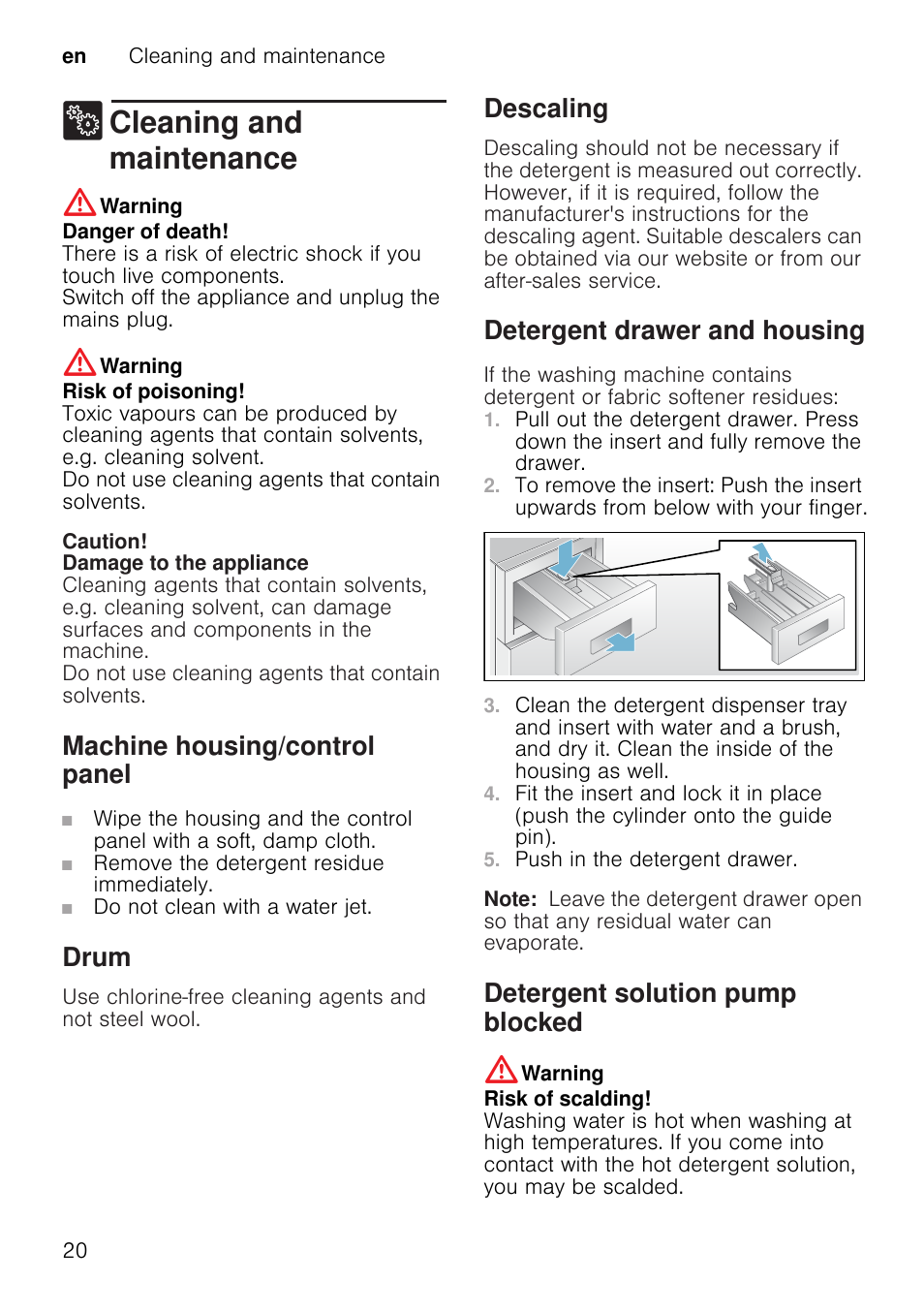 2 cleaning and maintenance, Cleaning and maintenance, Warning | Danger of death, Risk of poisoning, Caution, Damage to the appliance, Machine housing/control panel, Drum, Descaling | Neff W7460X1GB User Manual | Page 20 / 36