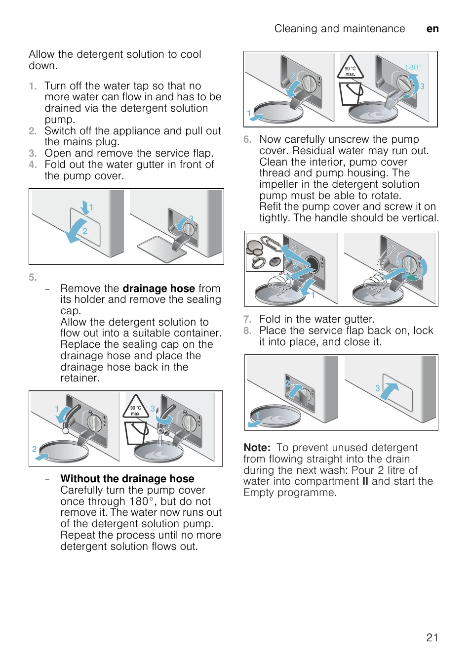 Open and remove the service flap, Fold in the water gutter, Note | Neff W7460X1GB User Manual | Page 21 / 36