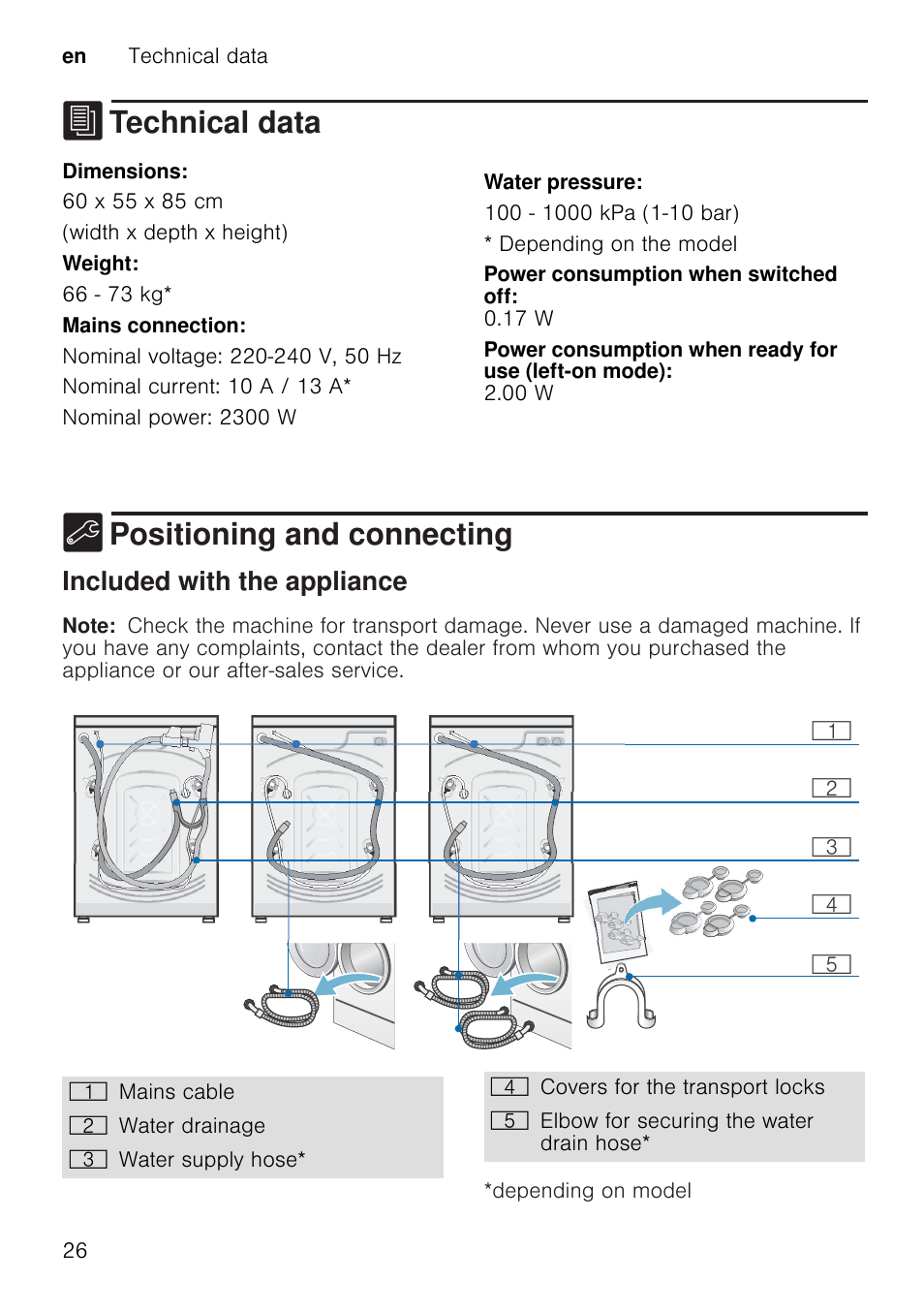J technical data, Technical data, 5 positioning and connecting | Positioning and connecting, Included with the appliance, Note | Neff W7460X1GB User Manual | Page 26 / 36