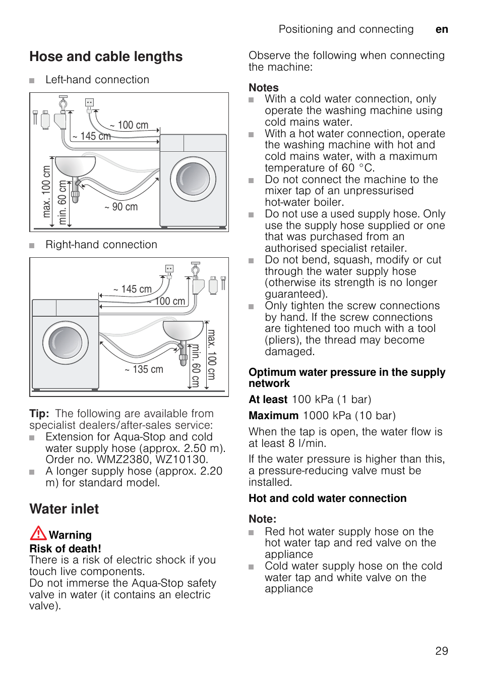 Hose and cable lengths, Water inlet, Warning | Risk of death, Notes, Note | Neff W7460X1GB User Manual | Page 29 / 36