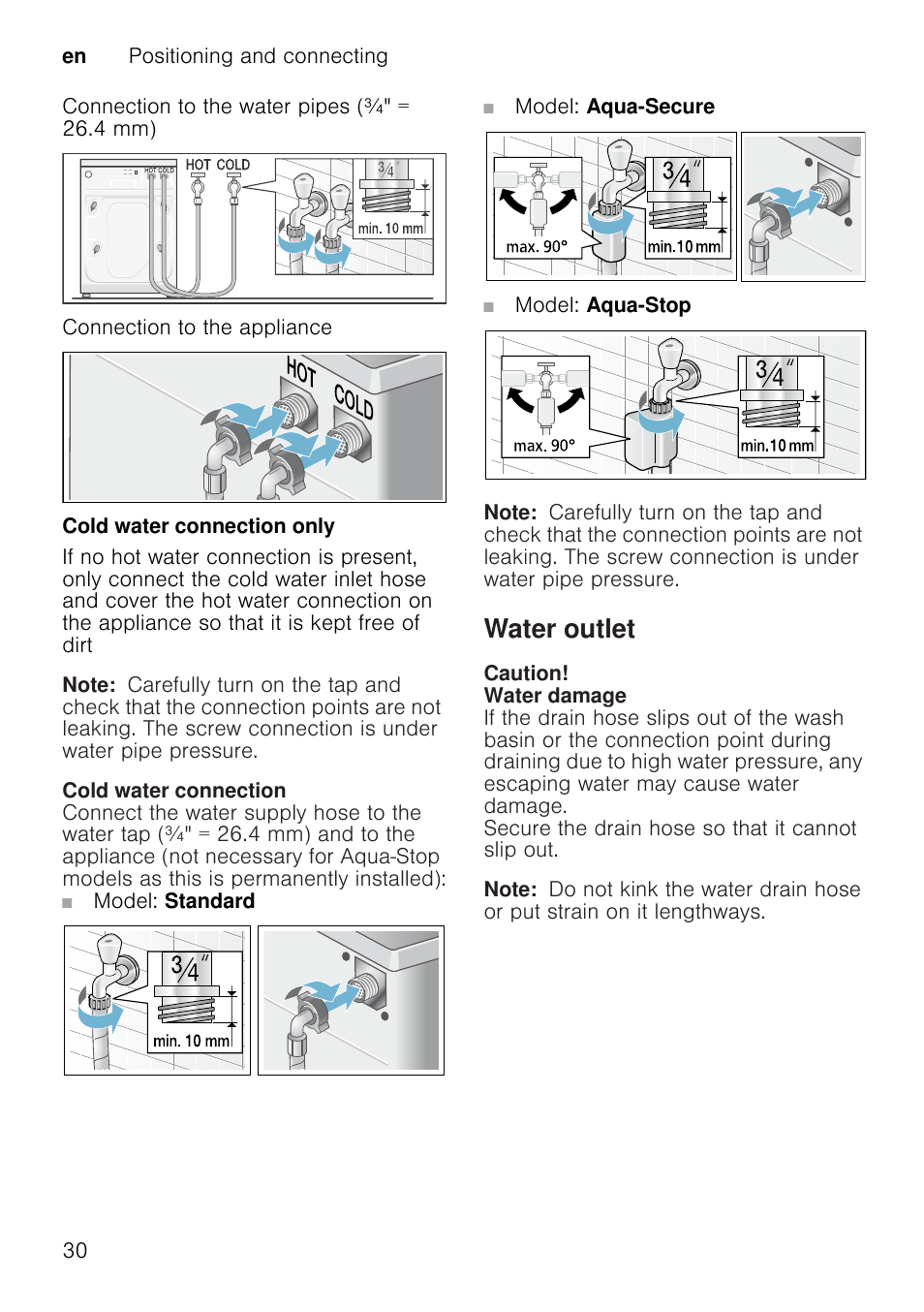 Note, Water outlet, Caution | Water damage | Neff W7460X1GB User Manual | Page 30 / 36