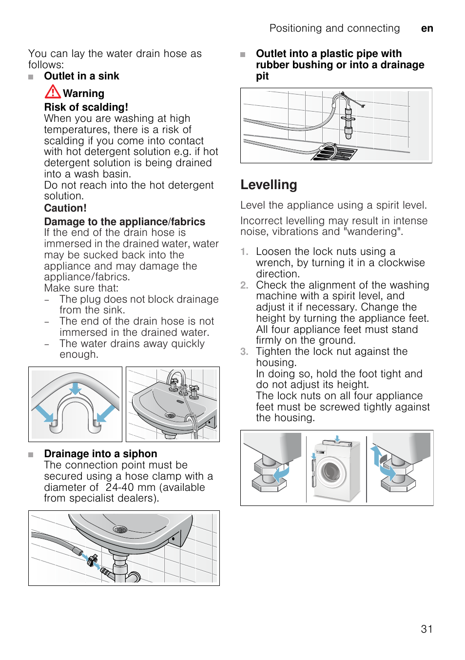 Warning, Risk of scalding, Caution | Damage to the appliance/fabrics, Levelling, Tighten the lock nut against the housing | Neff W7460X1GB User Manual | Page 31 / 36