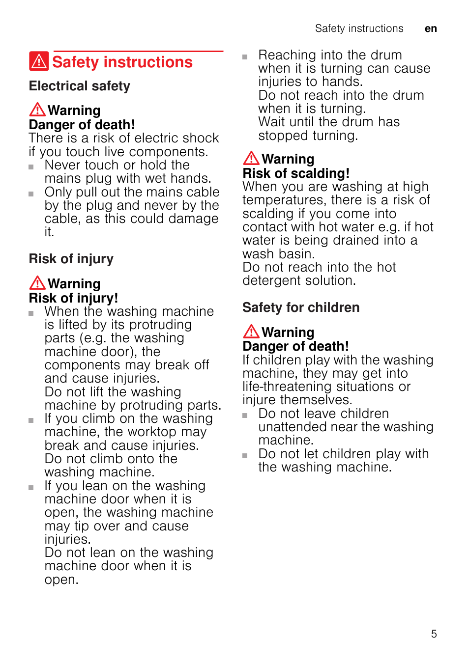 Safety instructions, Electrical safety, Warning | Danger of death, Risk of injury, Risk of scalding, Safety for children | Neff W7460X1GB User Manual | Page 5 / 36