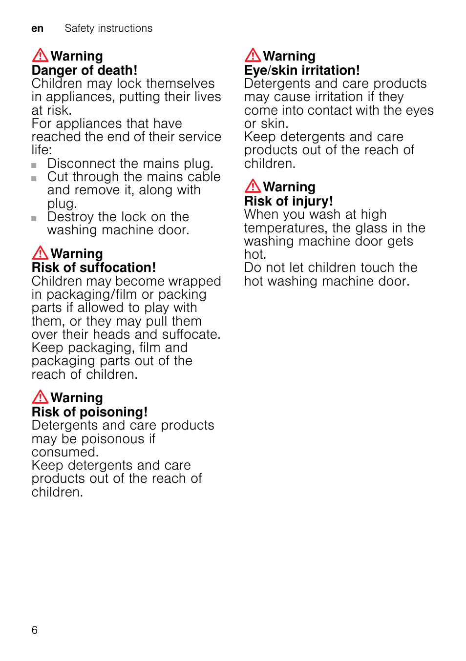 Warning, Danger of death, Risk of suffocation | Risk of poisoning, Eye/skin irritation, Risk of injury | Neff W7460X1GB User Manual | Page 6 / 36