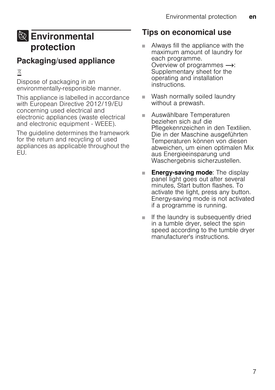 7 environmental protection, Environmental protection, Packaging/used appliance | Tips on economical use | Neff W7460X1GB User Manual | Page 7 / 36