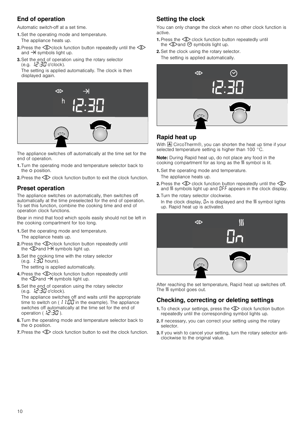 End of operation, Set the operating mode and temperature, Preset operation | Setting the clock, Set the clock using the rotary selector, Rapid heat up, Note, Turn the rotary selector clockwise, Checking, correcting or deleting settings | Neff B15M52N3GB User Manual | Page 10 / 24