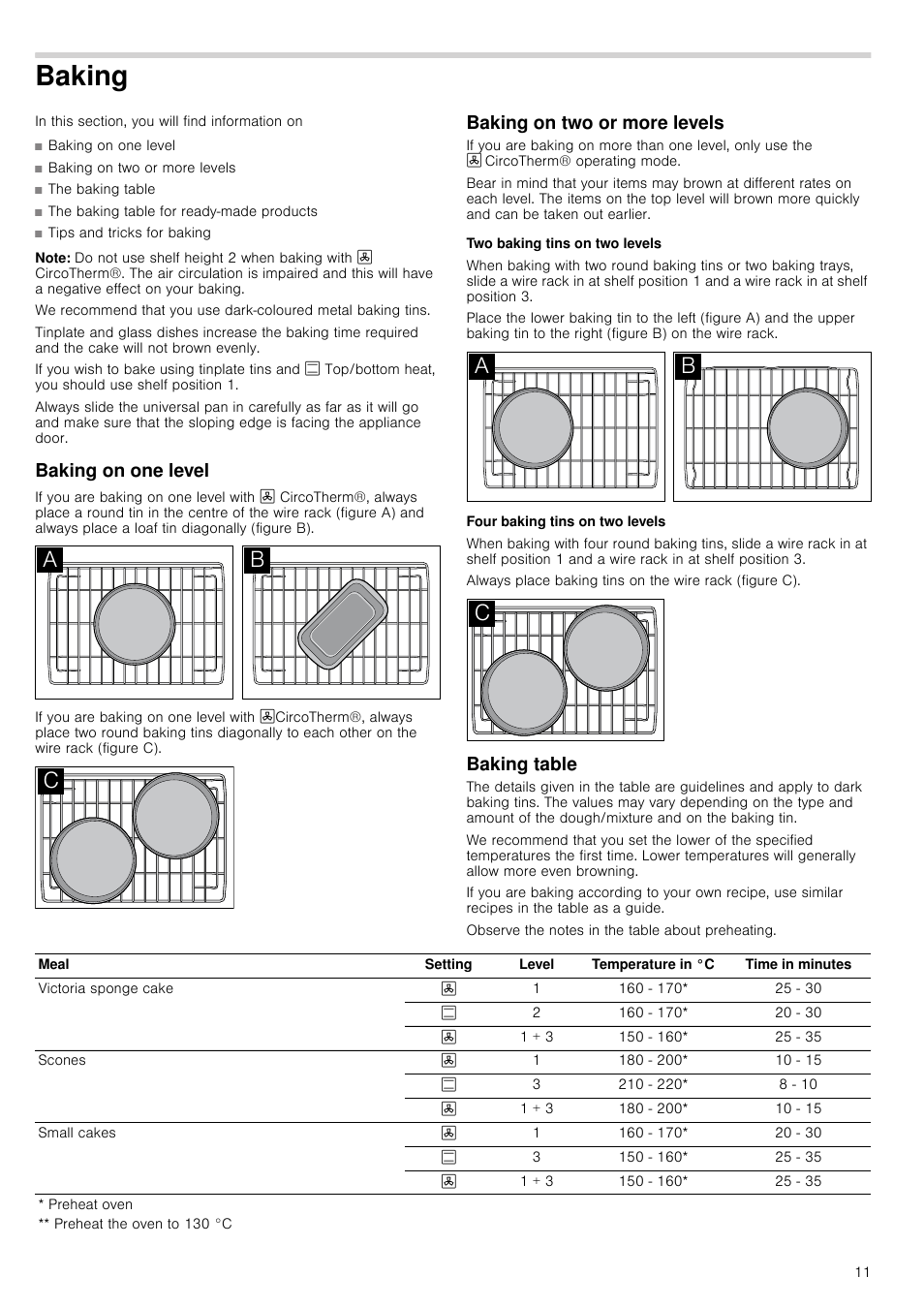 Baking, Note, Baking on one level | Baking on two or more levels, Two baking tins on two levels, Four baking tins on two levels, Baking table | Neff B15M52N3GB User Manual | Page 11 / 24