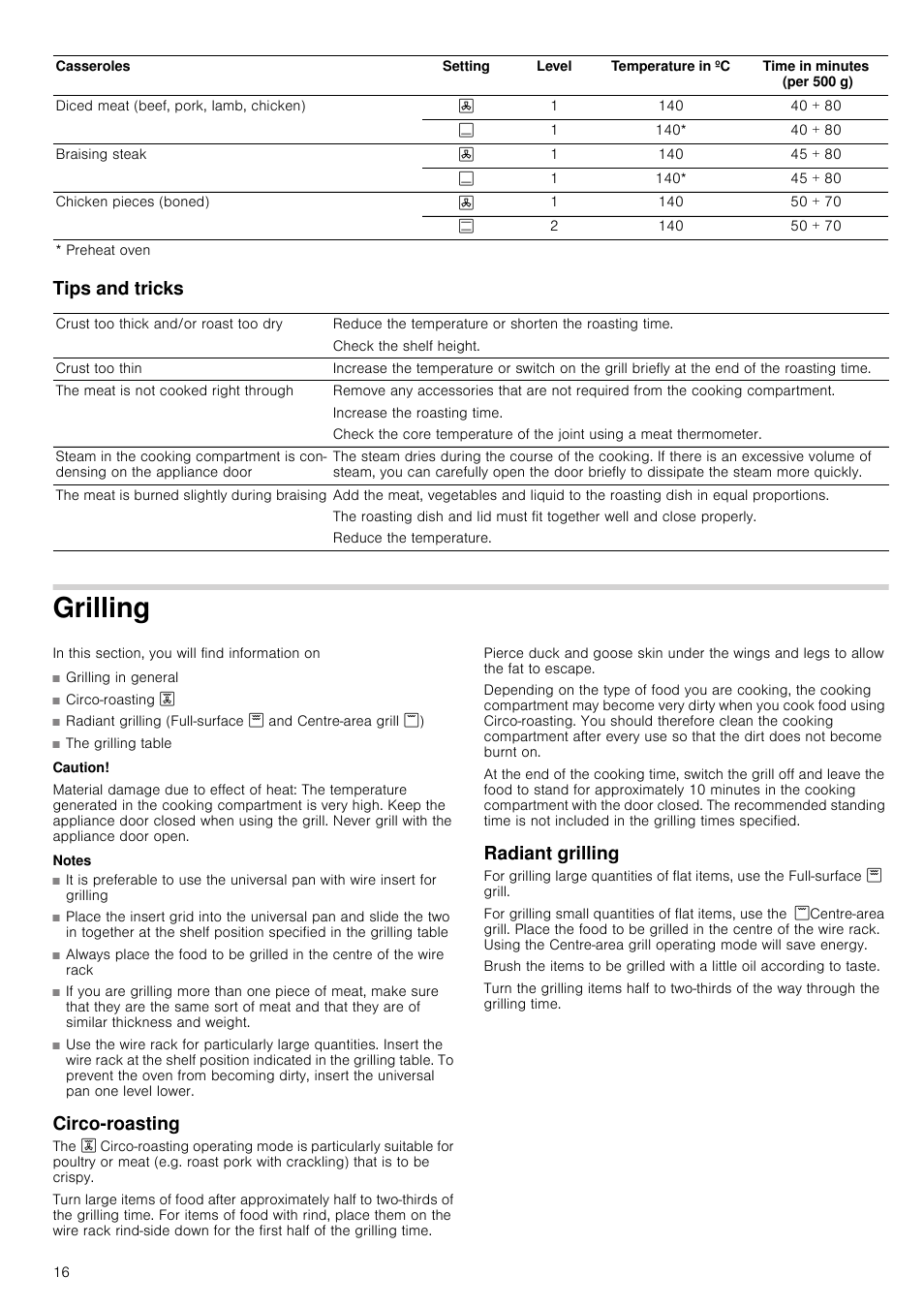 Tips and tricks, Grilling, Caution | Material damage due to effect of heat, Notes, Circo-roasting, Radiant grilling, Circo-roasting radiant grilling | Neff B15M52N3GB User Manual | Page 16 / 24