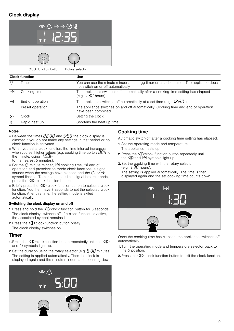 Clock display, Notes, Switching the clock display on and off | Press the kjclock function button briefly, Timer, Cooking time, Set the operating mode and temperature | Neff B15M52N3GB User Manual | Page 9 / 24