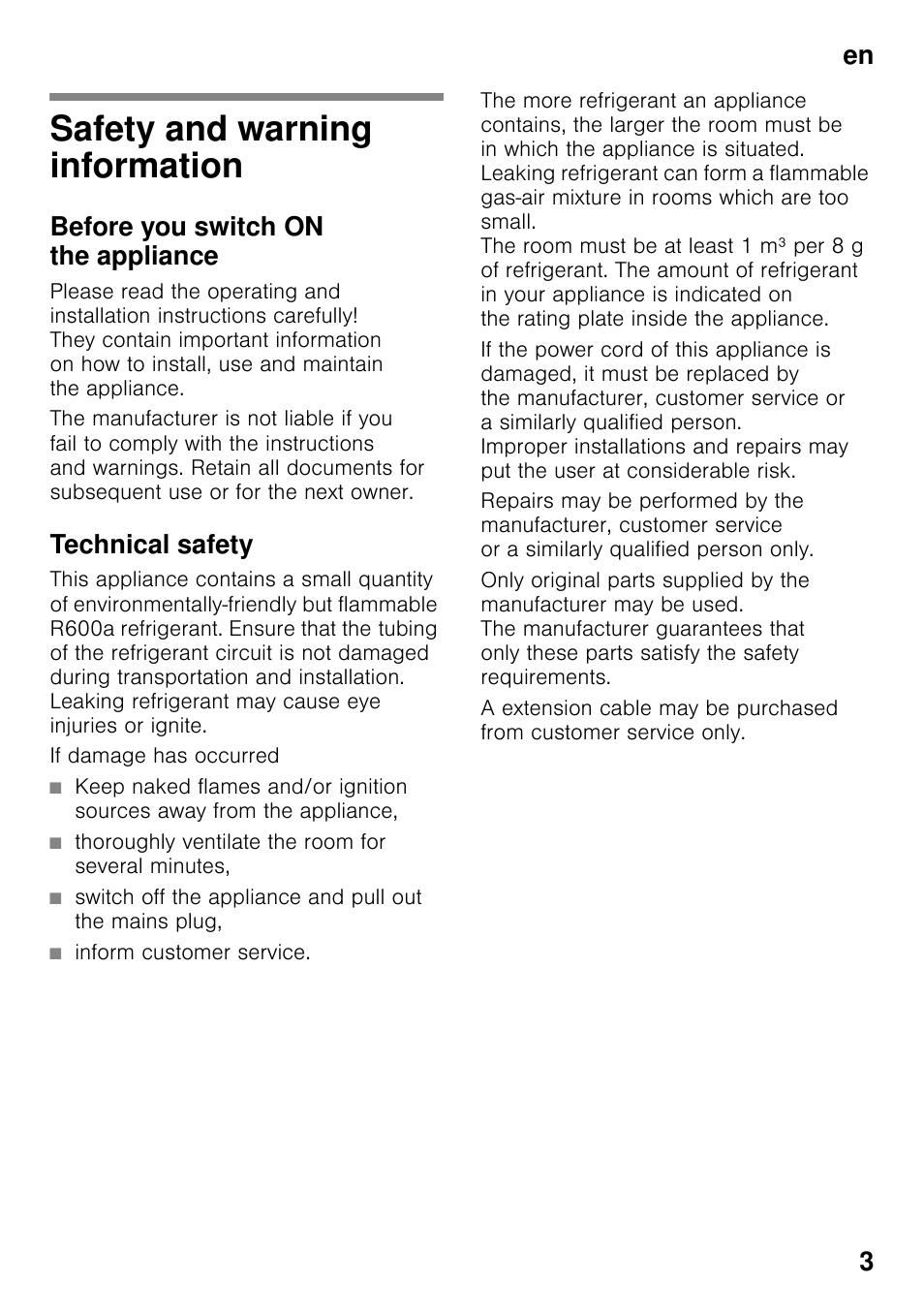 En table of contentsen instruction for use, Safety and warning information, Before you switch on the appliance | Technical safety, If damage has occurred, Thoroughly ventilate the room for several minutes, Inform customer service, En 3 | Neff KI1213F30G User Manual | Page 3 / 21