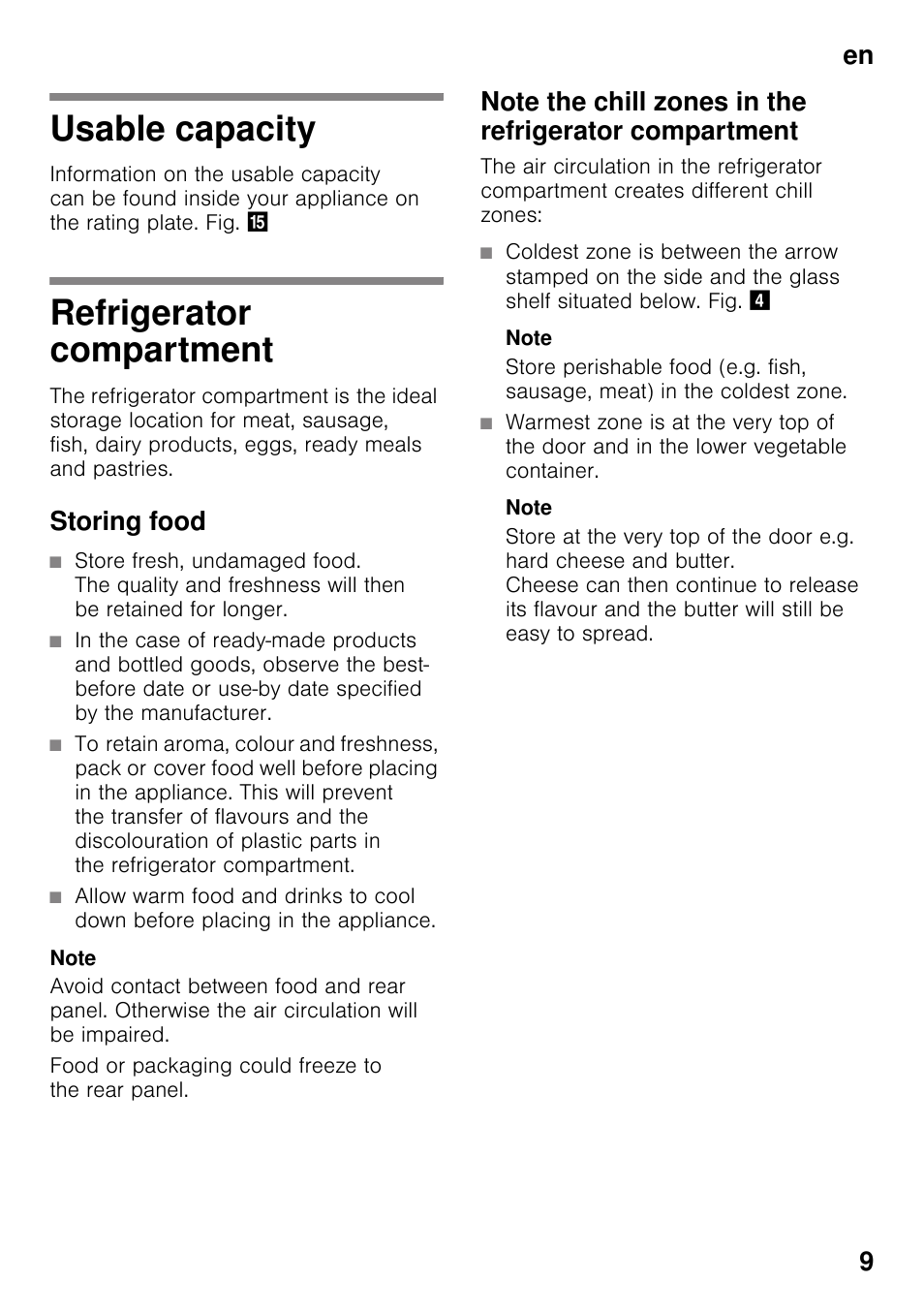 Usable capacity, Refrigerator compartment, Storing food | Note, Usable capacity refrigerator compartment, En 9 | Neff KI1213F30G User Manual | Page 9 / 21