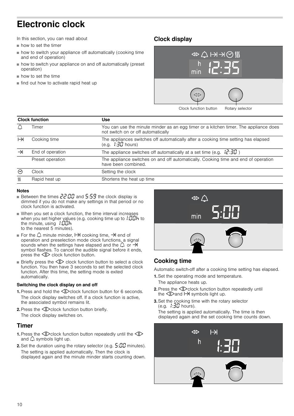 Electronic clock, Clock display, Notes | Switching the clock display on and off, Press the kjclock function button briefly, Timer, Cooking time, Set the operating mode and temperature | Neff B14P42N3GB User Manual | Page 10 / 28