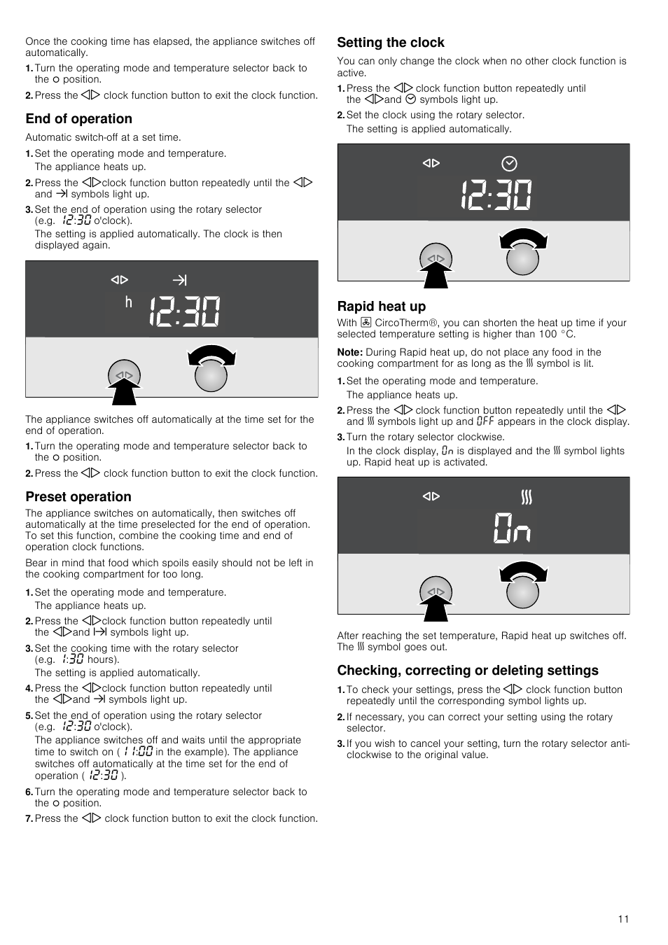 End of operation, Set the operating mode and temperature, Preset operation | Setting the clock, Set the clock using the rotary selector, Rapid heat up, Note, Turn the rotary selector clockwise, Checking, correcting or deleting settings | Neff B14P42N3GB User Manual | Page 11 / 28