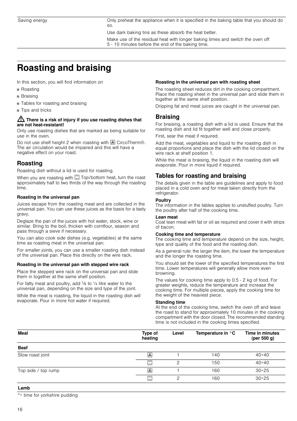 Roasting and braising, Roasting, Roasting in the universal pan | Roasting in the universal pan with roasting sheet, Braising, Tables for roasting and braising | Neff B14P42N3GB User Manual | Page 16 / 28