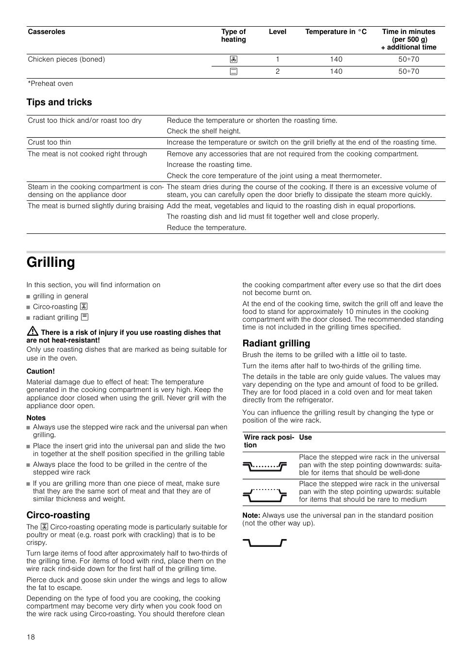 Tips and tricks, Grilling, Caution | Material damage due to effect of heat, Notes, Circo-roasting, Radiant grilling, Note | Neff B14P42N3GB User Manual | Page 18 / 28