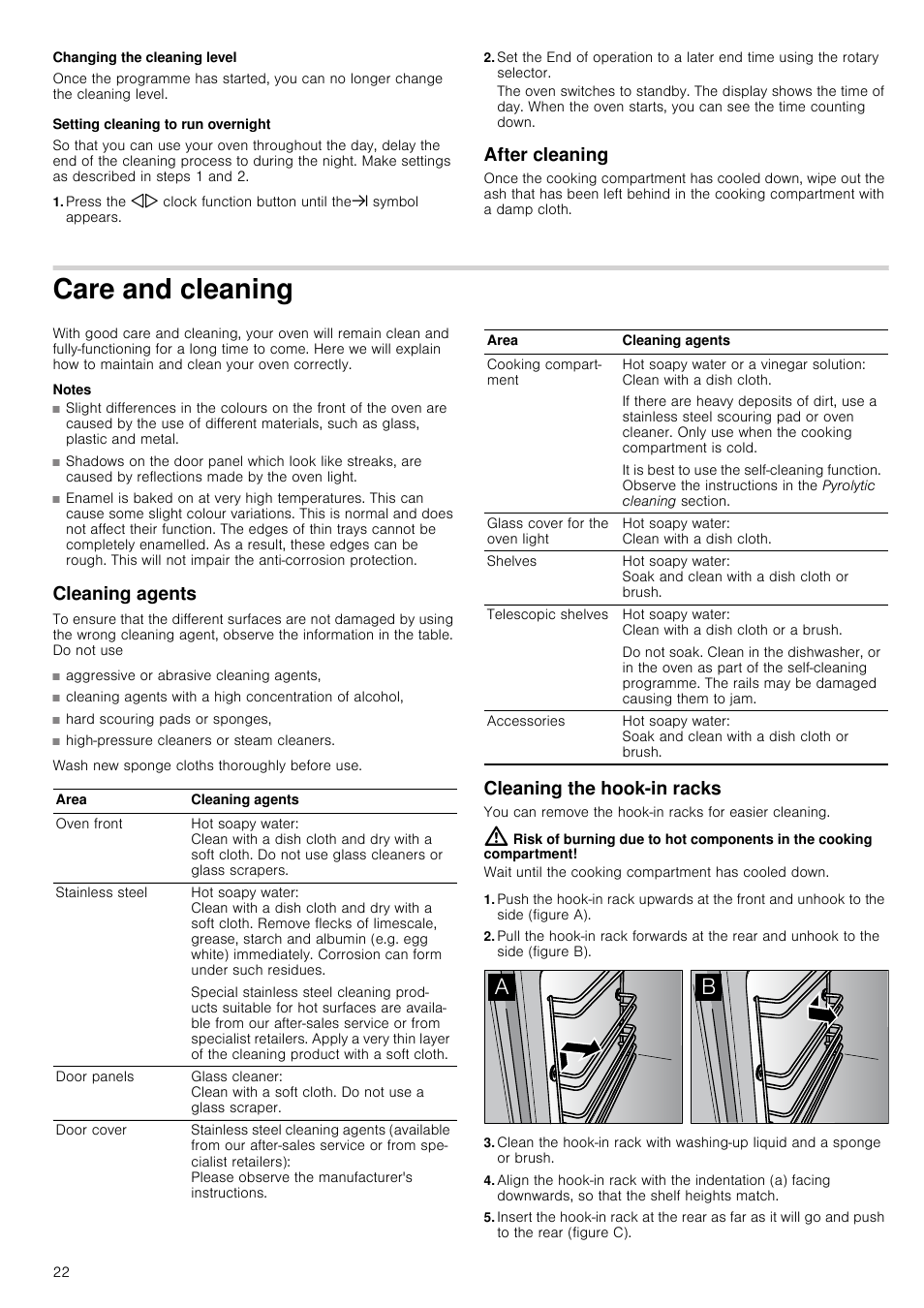 Changing the cleaning level, Setting cleaning to run overnight, After cleaning | Care and cleaning, Notes, Cleaning agents, Cleaning the hook-in racks | Neff B14P42N3GB User Manual | Page 22 / 28