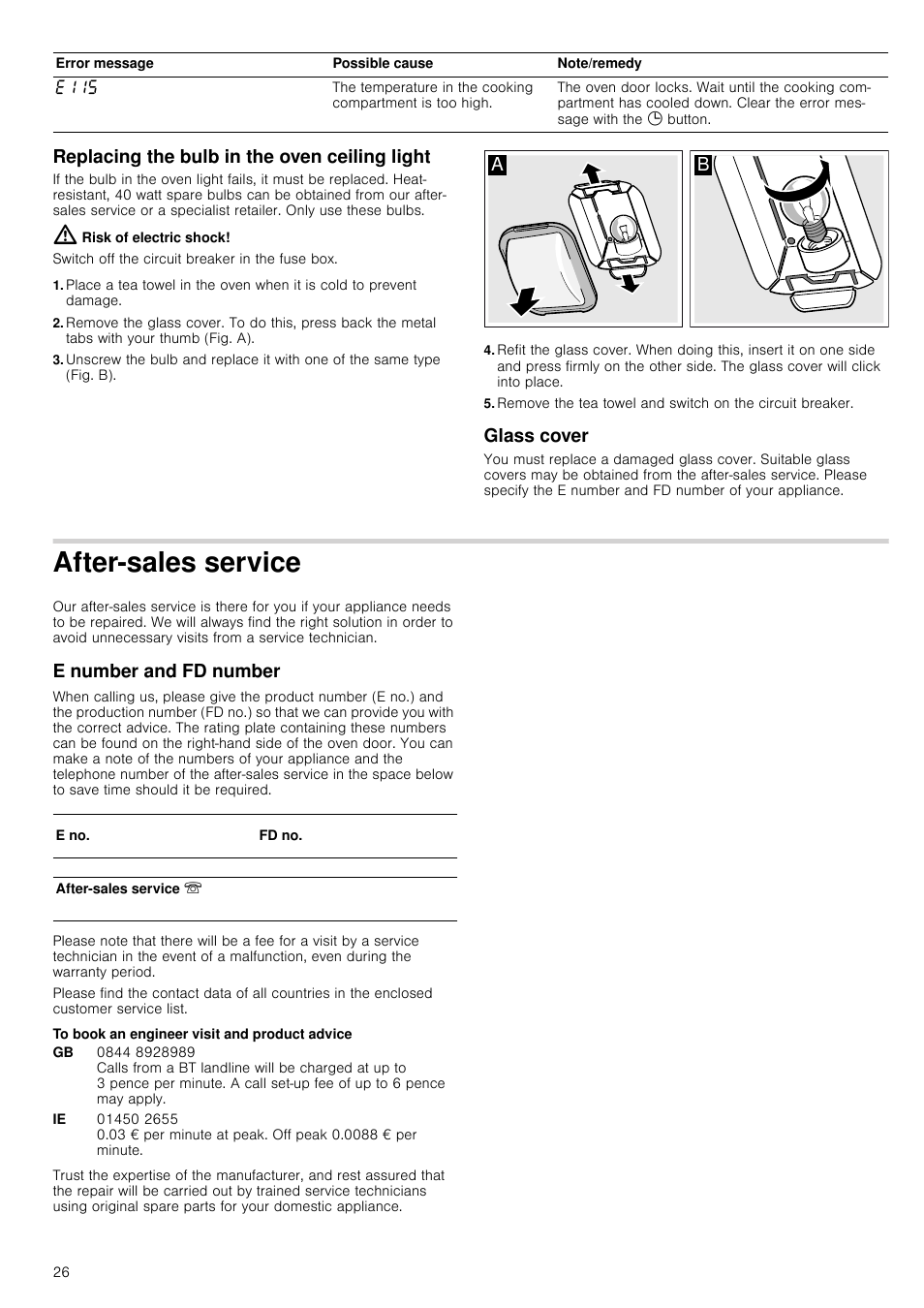 Replacing the bulb in the oven ceiling light, Risk of electric shock, Glass cover | After-sales service, E number and fd number, To book an engineer visit and product advice | Neff B14P42N3GB User Manual | Page 26 / 28