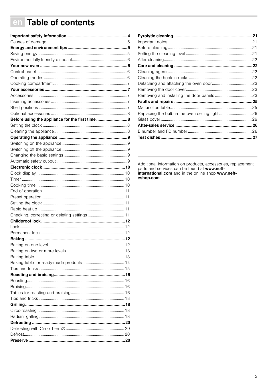 Ú table of contents[en]instruction manual, Energy and environment tips 5, Your new oven 6 | Your accessories 7, Before using the appliance for the first time 8, Operating the appliance 9, Electronic clock 10, Childproof lock 12, Baking 12, Roasting and braising 16 | Neff B14P42N3GB User Manual | Page 3 / 28