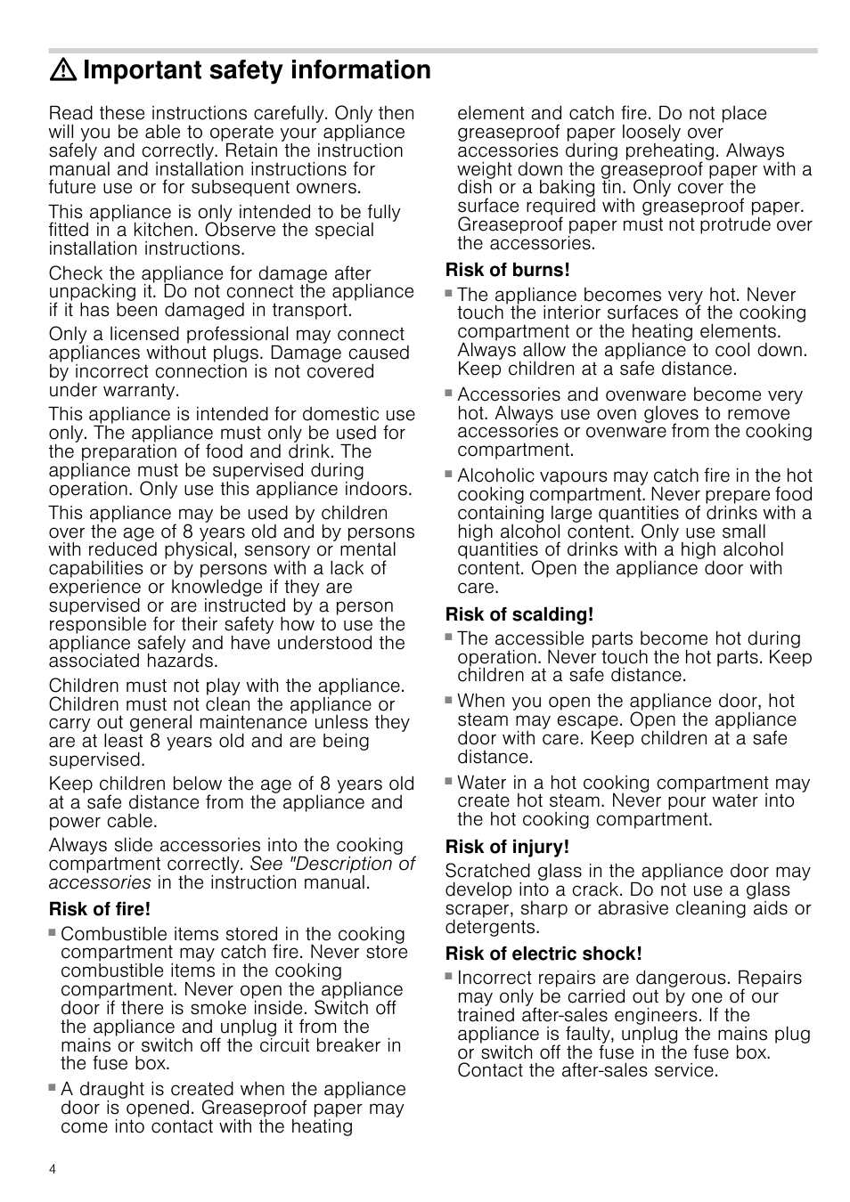 Important safety information, Risk of fire, Risk of burns | Risk of scalding, Risk of injury, Risk of electric shock | Neff B14P42N3GB User Manual | Page 4 / 28