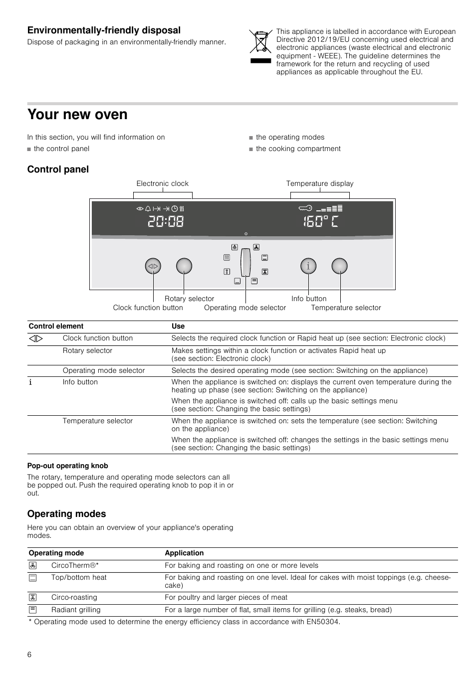 Environmentally-friendly disposal, Your new oven, Control panel | Pop-out operating knob, Operating modes | Neff B14P42N3GB User Manual | Page 6 / 28