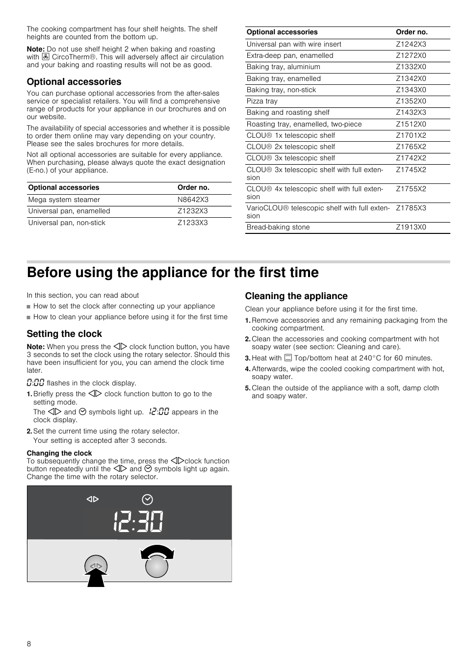 Note, Optional accessories, Before using the appliance for the first time | Setting the clock, Set the current time using the rotary selector, Cleaning the appliance | Neff B14P42N3GB User Manual | Page 8 / 28