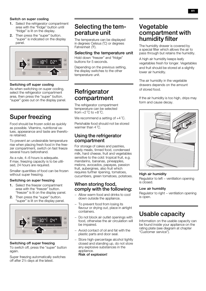 Super freezing, Selecting the temć perature unit, Refrigerator compartment | Vegetable compartment with humidity filter, Usable capacity, Using the refrigerator compartment, When storing food, comply with the following | Neff K5920L0GB User Manual | Page 11 / 20