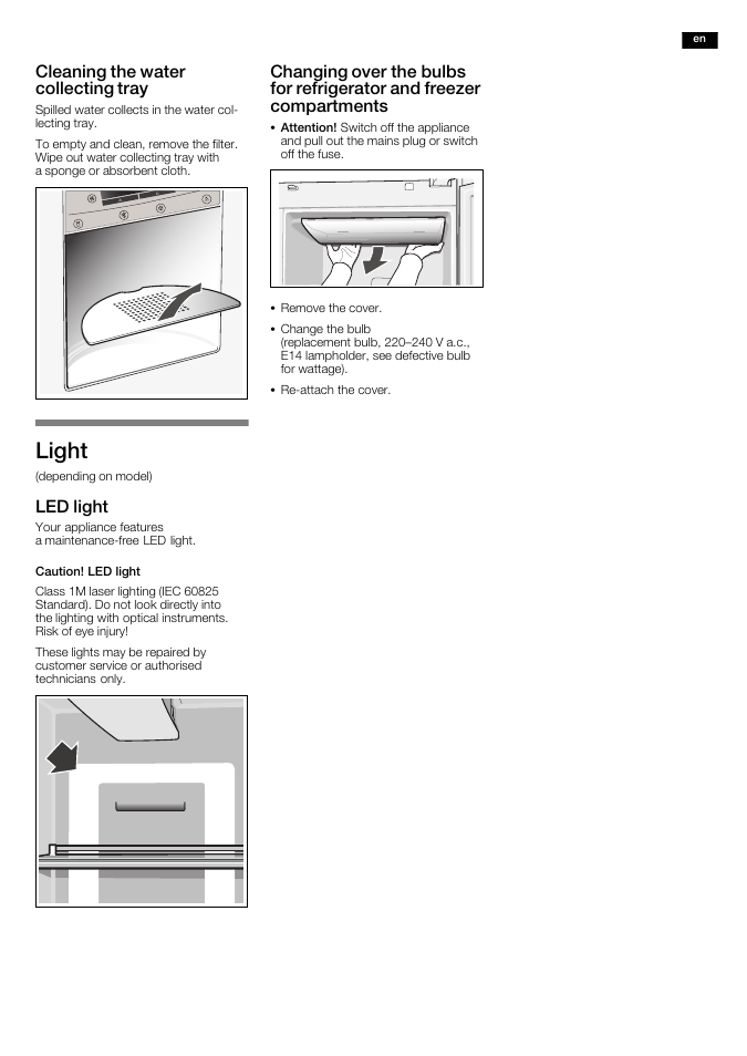 Light, Cleaning the water collecting tray, Led light | Neff K5920L0GB User Manual | Page 17 / 20