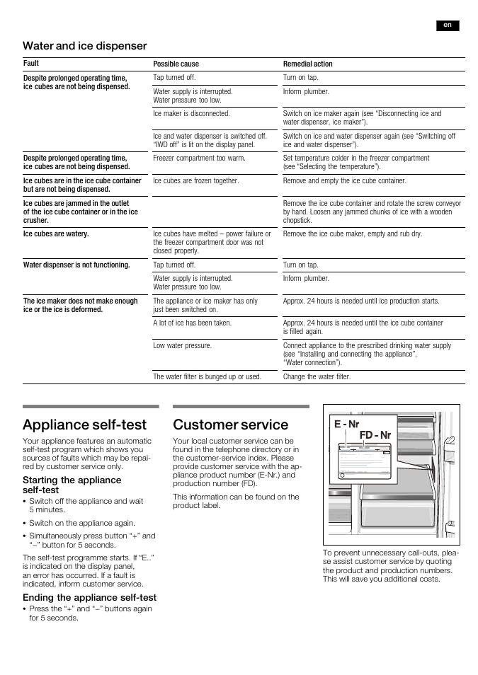 Appliance selfćtest, Customer service, Water and ice dispenser | Neff K5920L0GB User Manual | Page 19 / 20