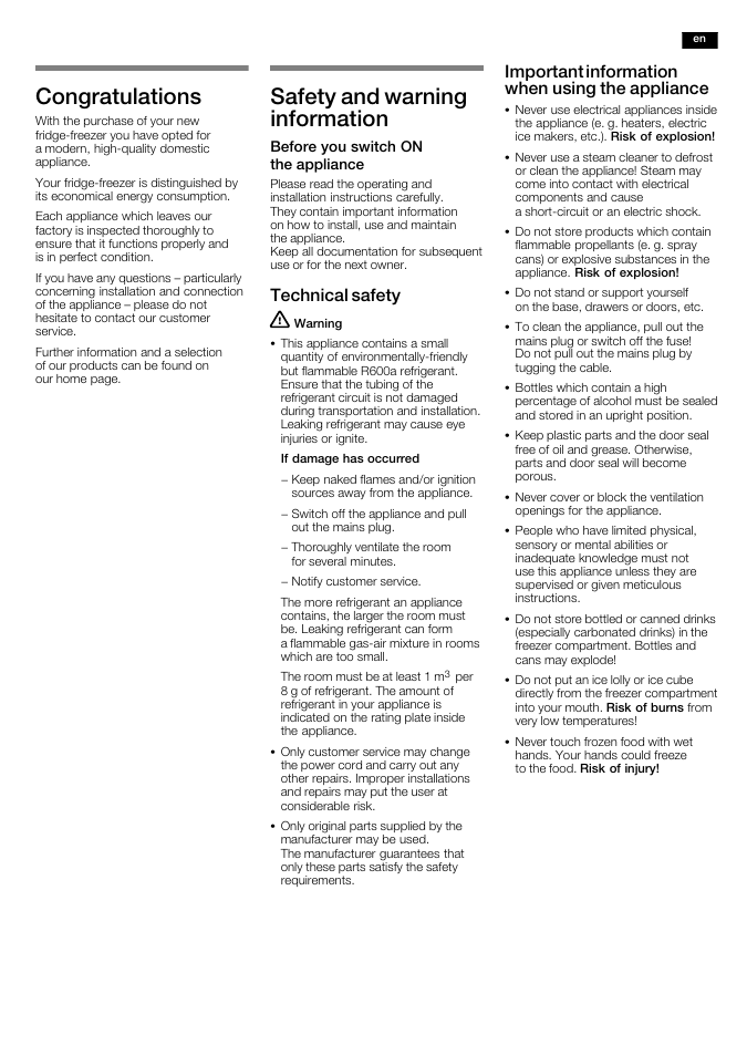 Safety and warning information, Technical safety, Important information when using the appliance | Neff K5920L0GB User Manual | Page 3 / 20