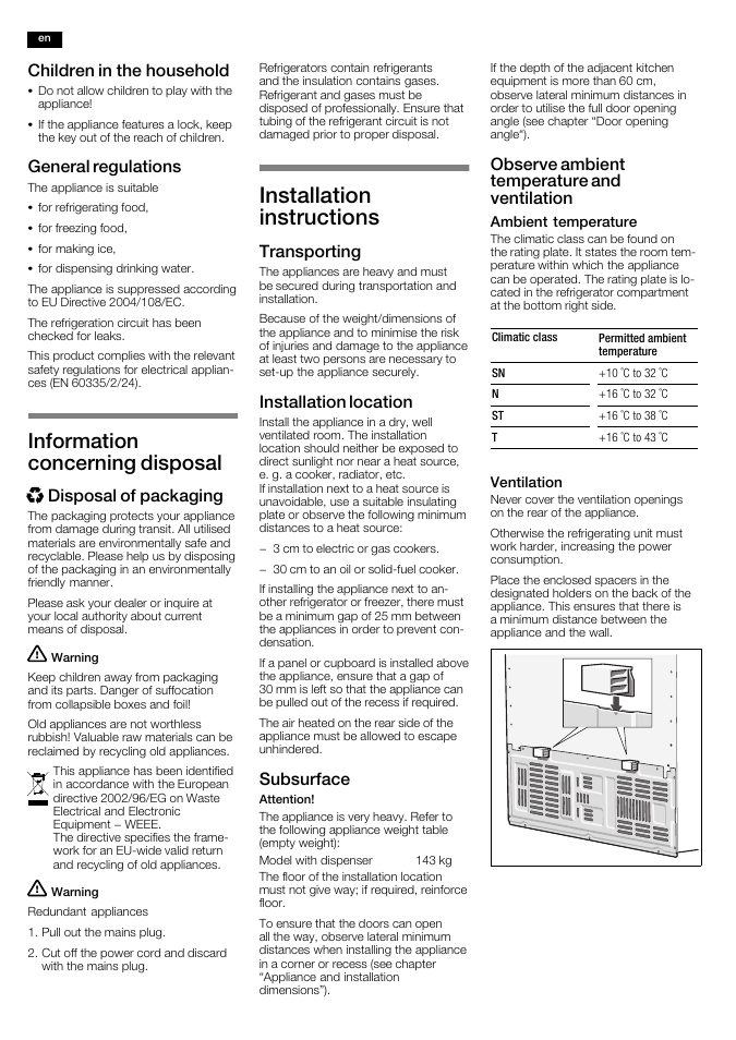 Installation instructions, Information concerning disposal, Children in the household | General regulations, X disposal of packaging, Transporting, Installation location, Subsurface, Observe ambient temperature and ventilation | Neff K5920L0GB User Manual | Page 4 / 20