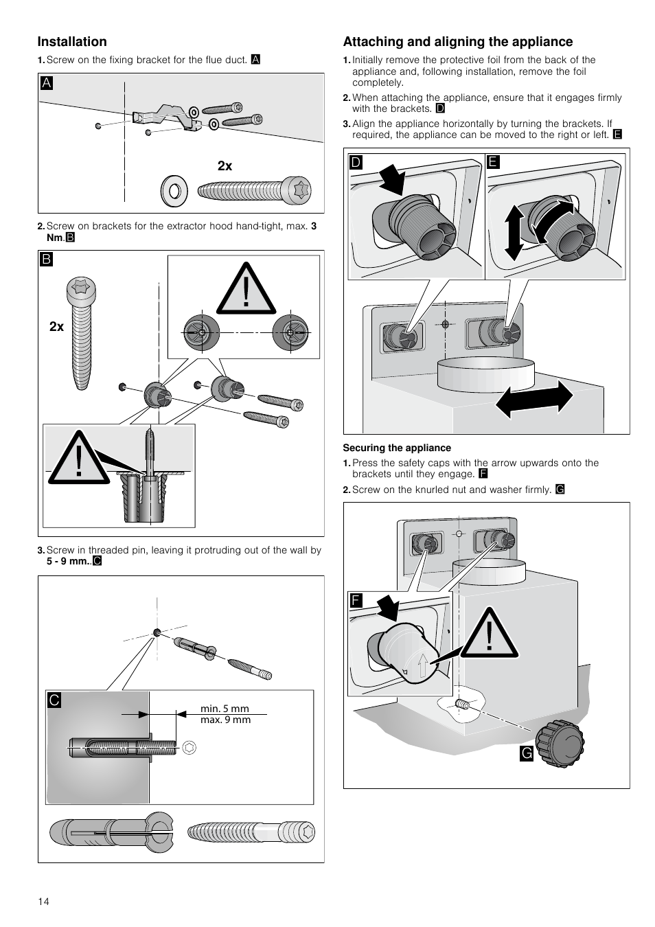 Installation, Screw on the fixing bracket for the flue duct, Attaching and aligning the appliance | Securing the appliance, Screw on the knurled nut and washer firmly | Neff D79ML86N0B User Manual | Page 14 / 16