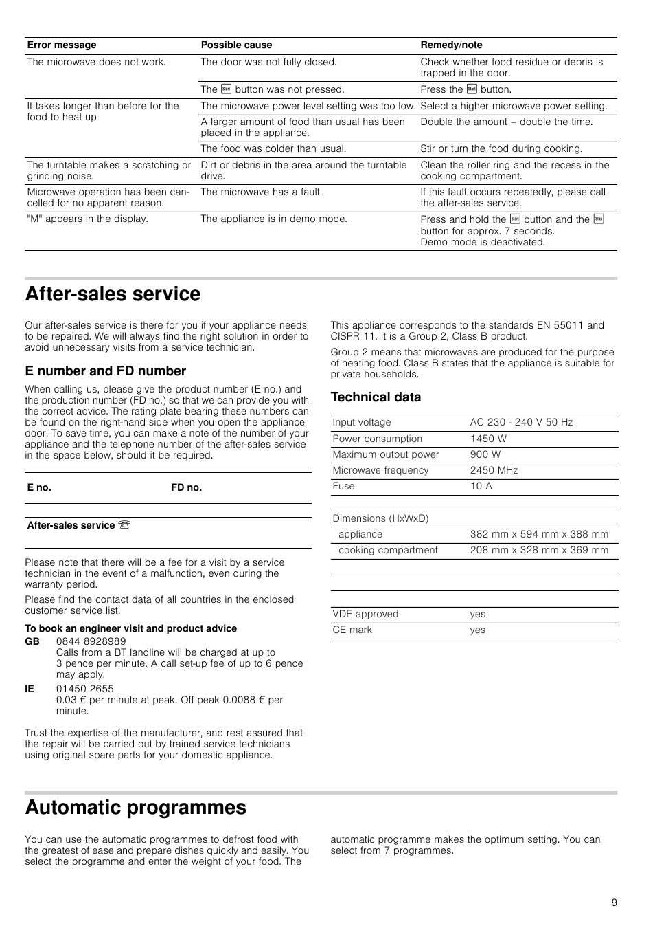 After-sales service, E number and fd number, To book an engineer visit and product advice | Technical data, Automatic programmes | Neff H12WE60S0G User Manual | Page 9 / 16