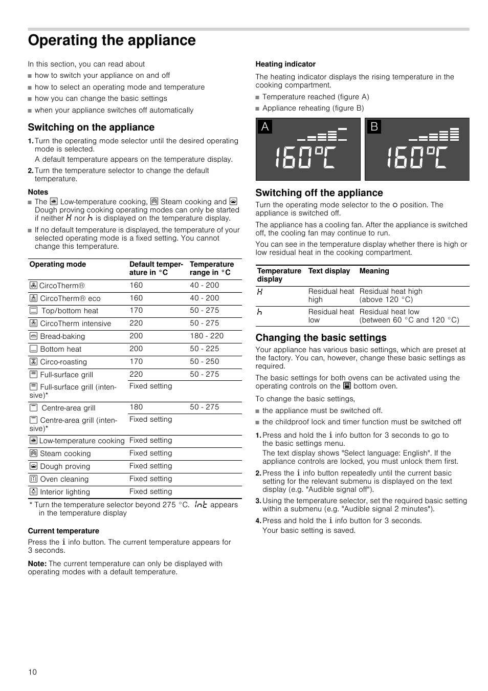 Operating the appliance, Switching on the appliance, Notes | Current temperature, Note, Heating indicator, Switching off the appliance, Changing the basic settings, Press and hold the ± info button for 3 seconds, Ating the appliance | Neff U16E74N3GB User Manual | Page 10 / 36