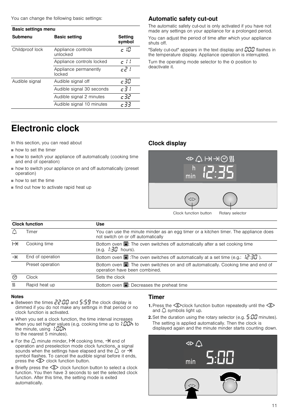 Automatic safety cut-out, Electronic clock, Clock display | Notes, Timer | Neff U16E74N3GB User Manual | Page 11 / 36