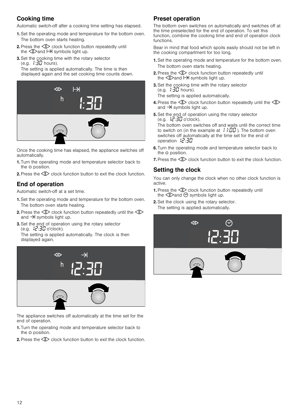 Cooking time, End of operation, Preset operation | Setting the clock, Set the clock using the rotary selector | Neff U16E74N3GB User Manual | Page 12 / 36