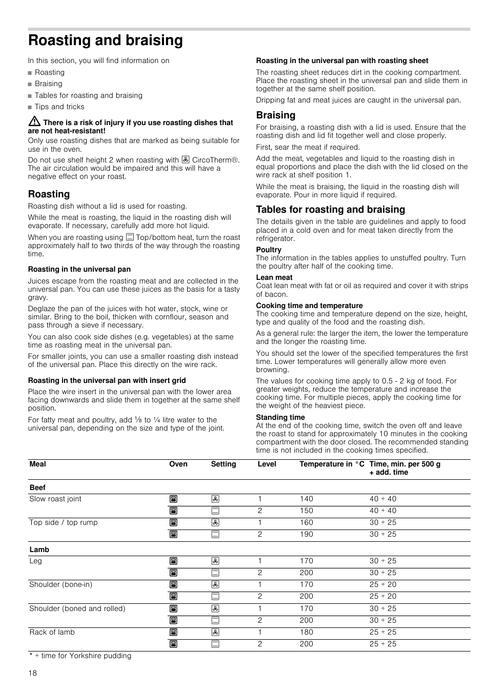 Roasting and braising, Roasting, Roasting in the universal pan | Roasting in the universal pan with insert grid, Roasting in the universal pan with roasting sheet, Braising, Tables for roasting and braising | Neff U16E74N3GB User Manual | Page 18 / 36