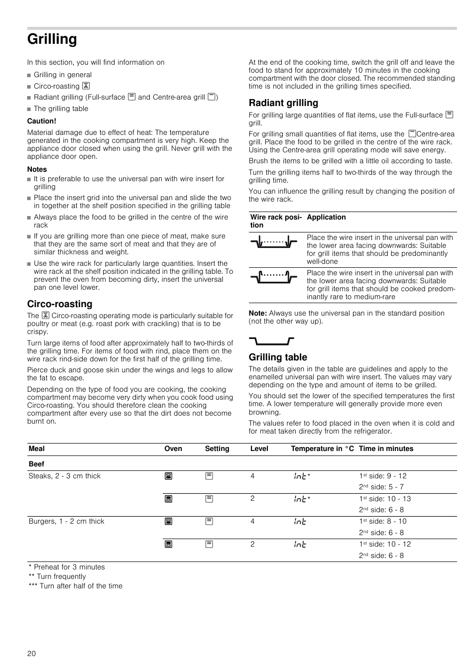 Grilling, Caution, Material damage due to effect of heat | Notes, Circo-roasting, Radiant grilling, Note, Grilling table, Illing, Radiant grilling grilling table | Neff U16E74N3GB User Manual | Page 20 / 36