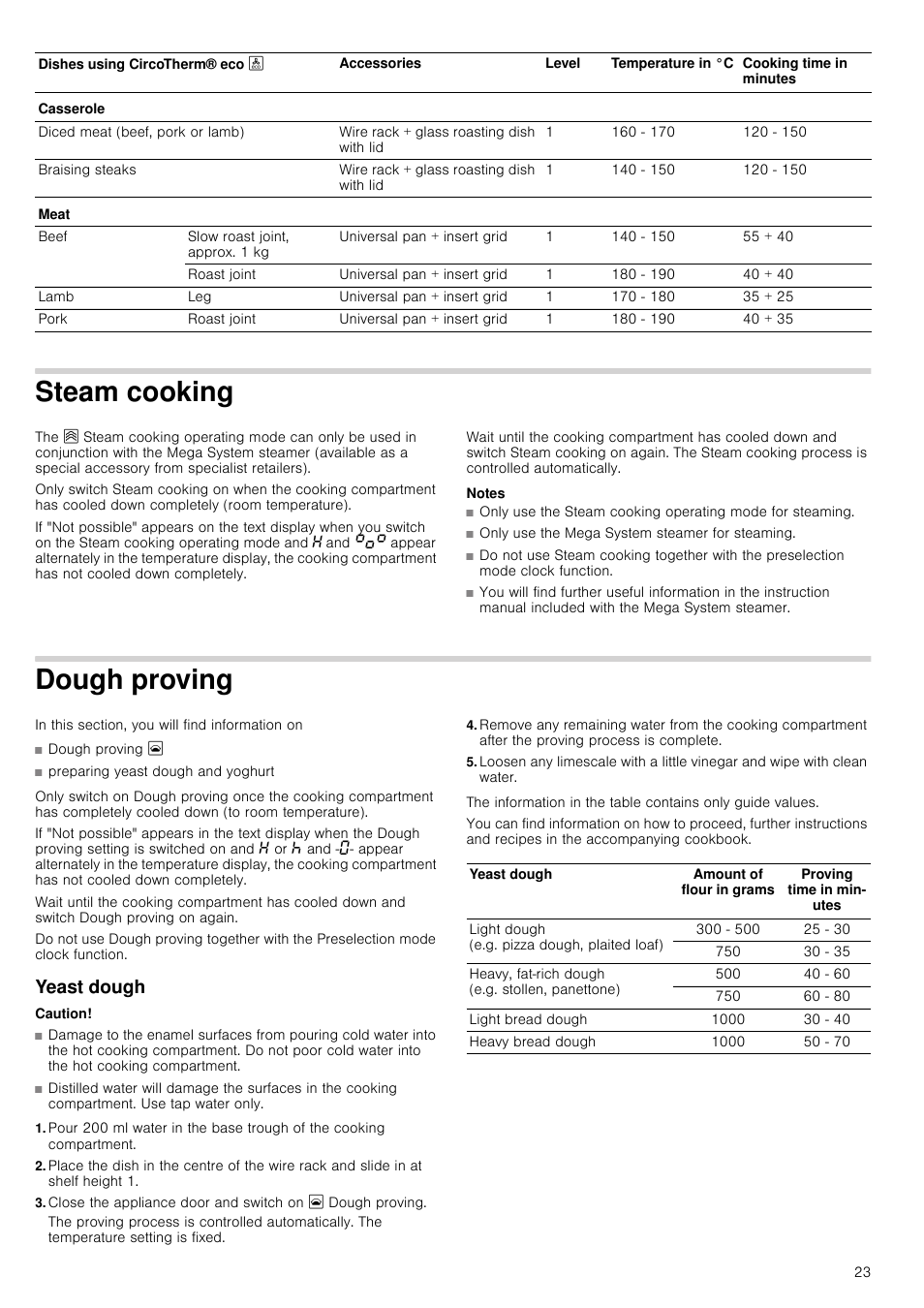 Steam cooking, Notes, Dough proving | Yeast dough, Caution, Ving | Neff U16E74N3GB User Manual | Page 23 / 36