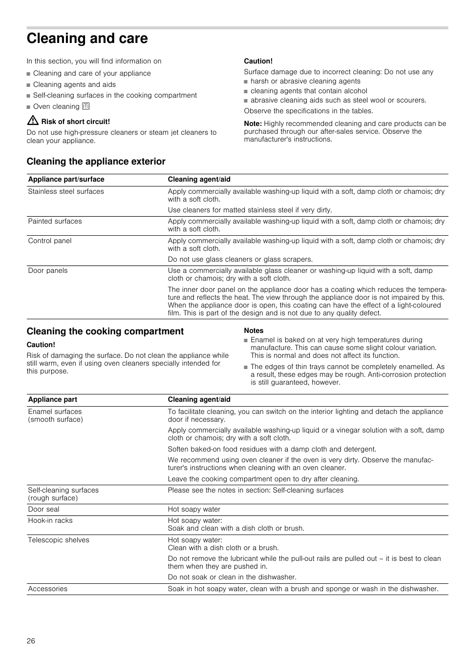 Cleaning and care, Risk of short circuit, Caution | Surface damage due to incorrect cleaning, Note, Cleaning the appliance exterior, Cleaning the cooking compartment, Notes | Neff U16E74N3GB User Manual | Page 26 / 36