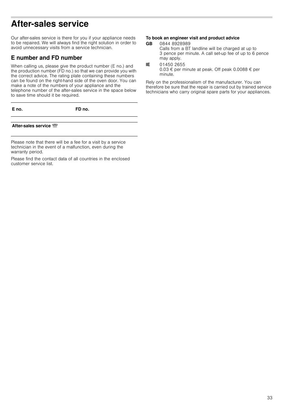 After-sales service, E number and fd number, To book an engineer visit and product advice | Vice e number and fd number | Neff U16E74N3GB User Manual | Page 33 / 36