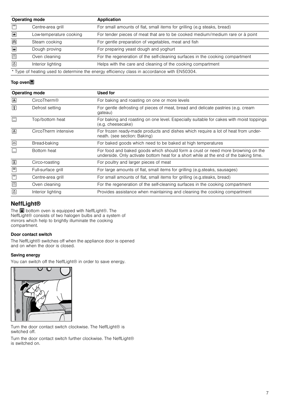 Top ovenô, Nefflight, Door contact switch | Saving energy | Neff U16E74N3GB User Manual | Page 7 / 36